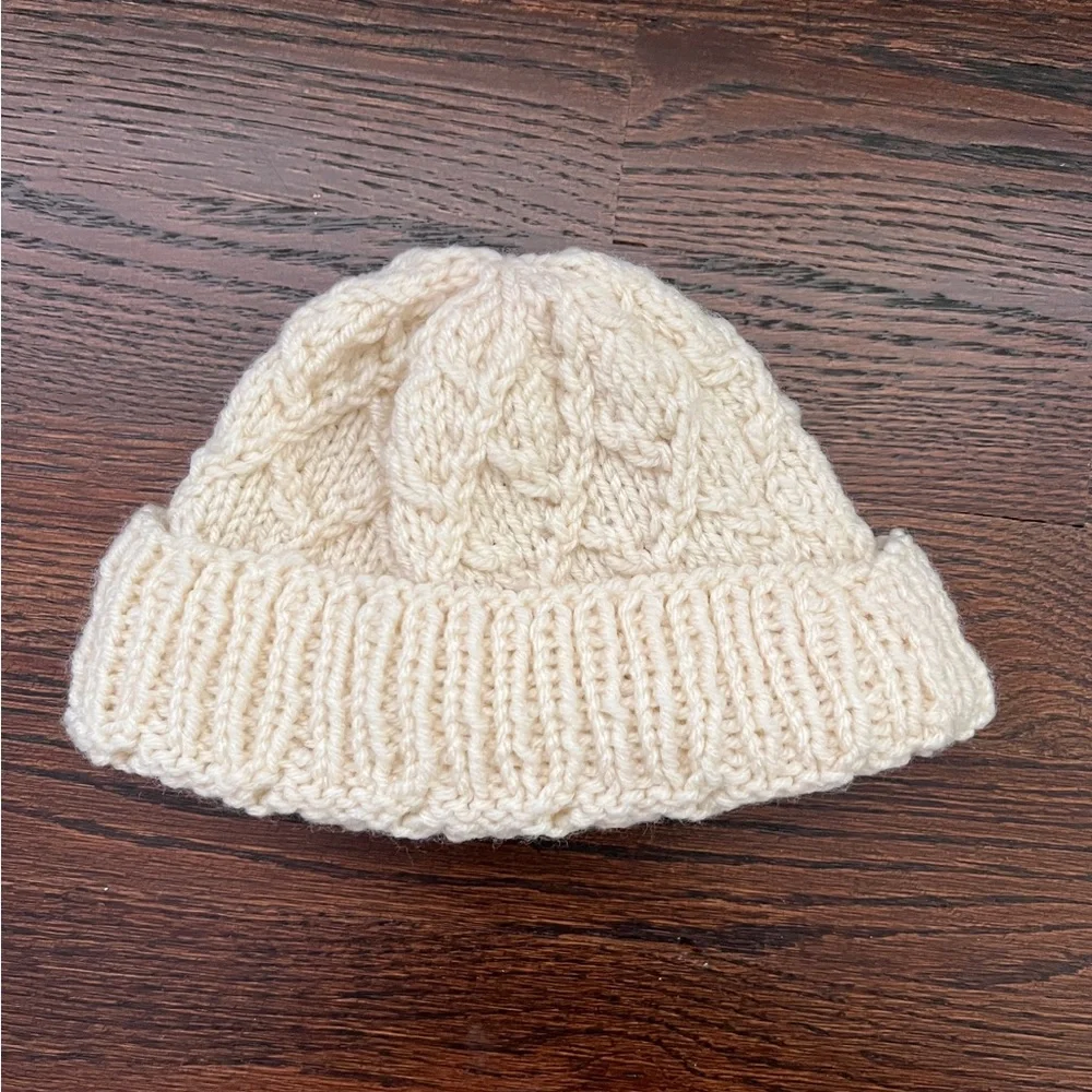 Wool Handmade cream Knit Beanie hat Stretchy Unisex baby toddler 40-50cm beige